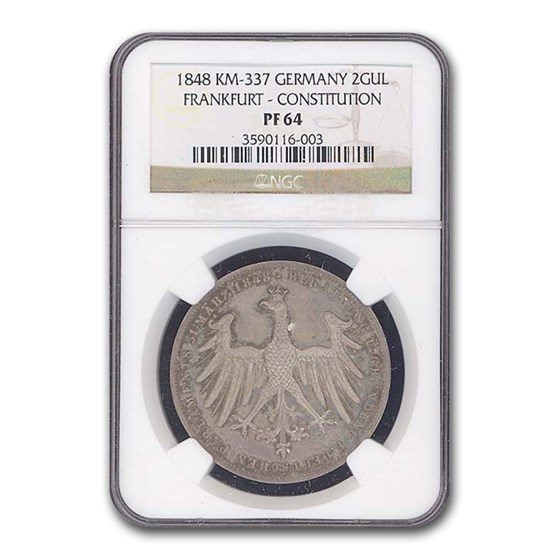 1848 Germany Frankfurt Two Gulden Constitution PF-64 NGC 1848 Germany Frankfurt Two Gulden Constitution PF-64 NGC